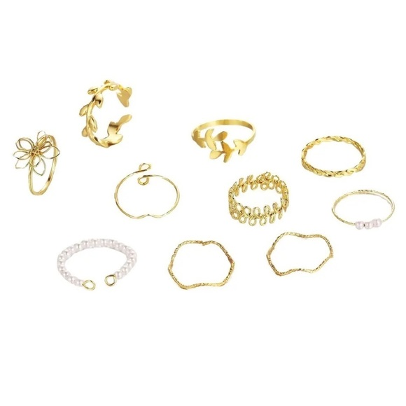 💖 5 items for $25 Sale! 💖 10 PC Golden Leaf Pearl Ring Set - Picture 3 of 5